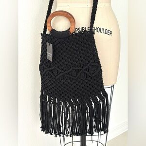 Danielle Nicole Macrame Crossbody Bag NWT Black Fringe Wood Handle